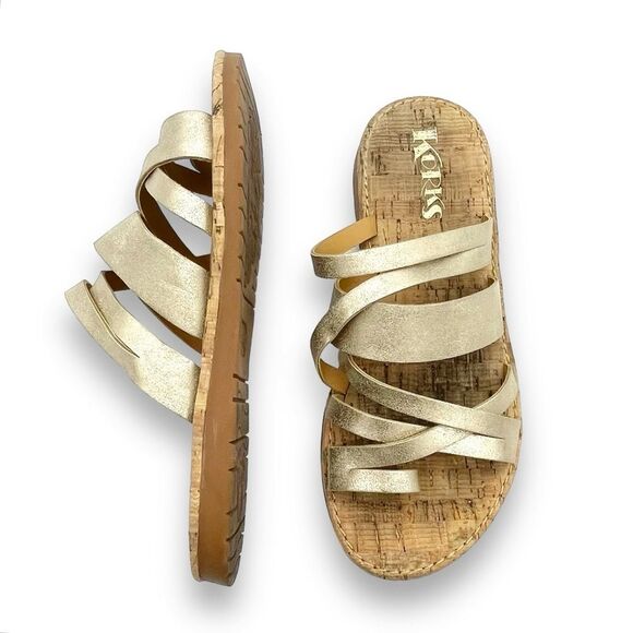 Kork-Ease Shoes - Korks Clemmons Strappy Sandal Faux Leather Comfort Slide in Gold Womens Size 6.5